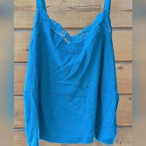 Y2K Chico’s Travelers Camisole Top Size 2 Ribbed Teal  Lace Trim Satin Straps